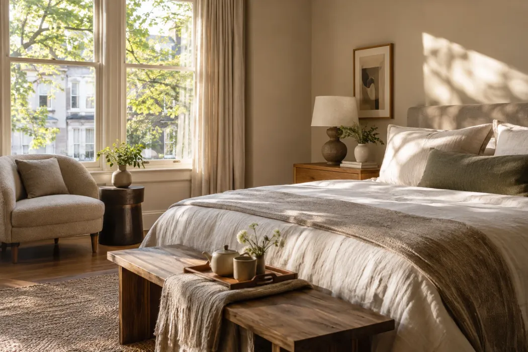 Fiktives helles Boutique-Hotelzimmer mit warmen Materialien