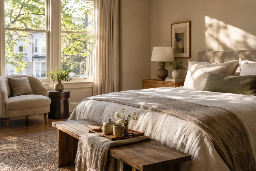 Fiktives helles Boutique-Hotelzimmer mit warmen Materialien