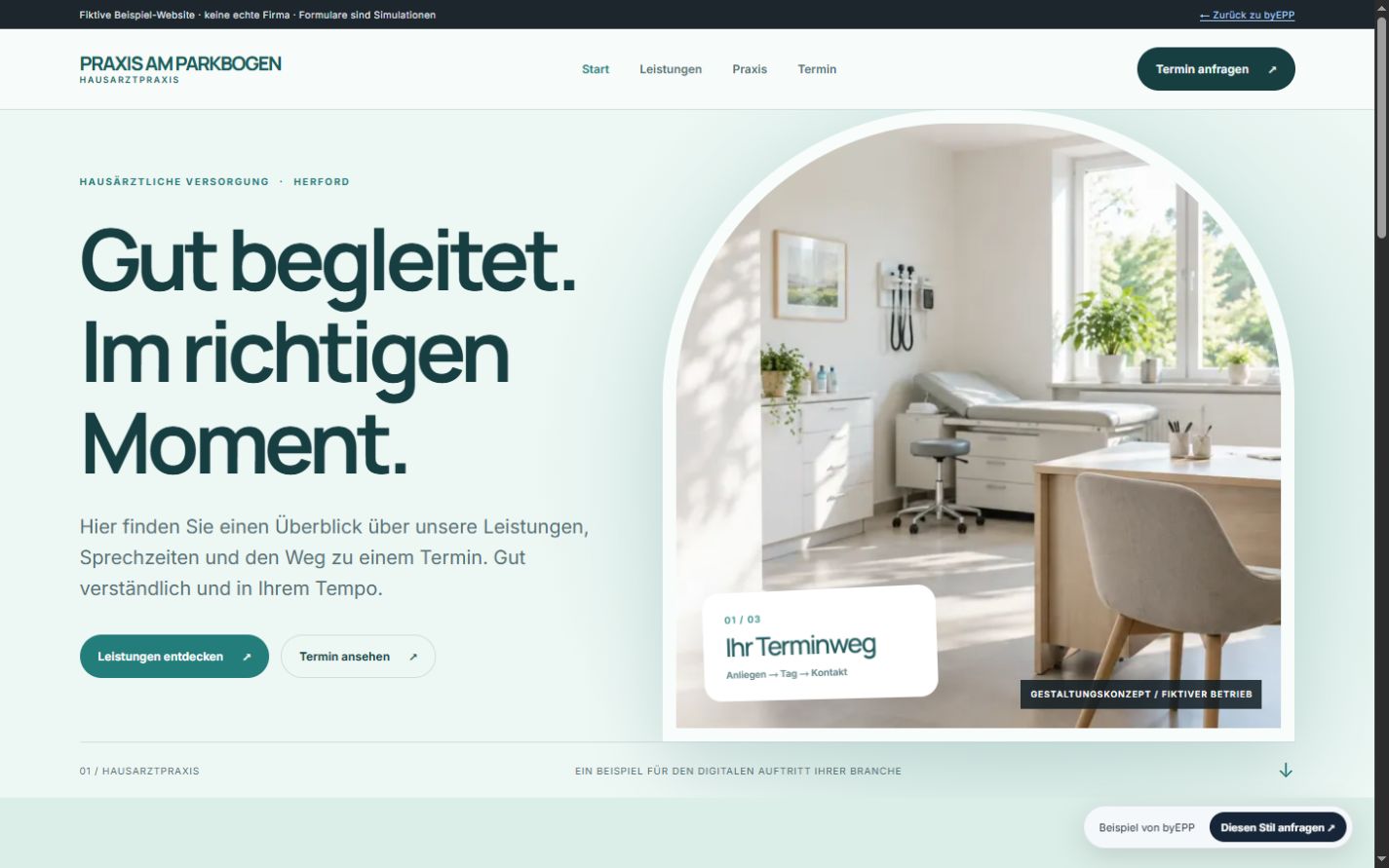 Vorschau der fiktiven Website PRAXIS AM PARKBOGEN